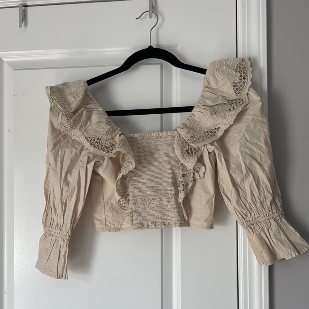 Express Tan Ruffled Smocked Crop Blouse NWT - Picture 2 of 6